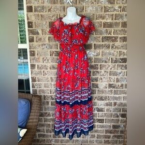 Chris McLaughlin Red Floral off the shoulder dress size 6